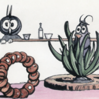 A cactus sitting next to onion rings in a farm, 1960s Cartoon