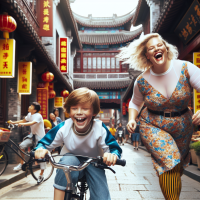 A boy riding a bicycle with a very fat white woman behind the white boy in a a Chinese environment 