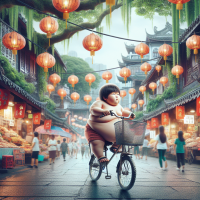 A tiny European boy carrying a very obese woman in his bicycle in a Chinese environment 