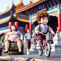 A tiny European boy carrying a very obese woman in his bicycle in a Chinese environment 