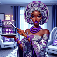 A Nigerian lady with purple gele headtire, purple lipstick, and a white and purple designed birthday day of 5 stepp, her clothing should be iro and buba, her eyes bright and blue, posing with a knife to cut her cate in a Cozy  parlour of white chairs and blue upholstery the girls image should be so bold to rhyme with the bold and clear, bright well illuminated background 