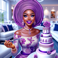 A  laughing Nigerian lady with purple gele headtire, purple lipstick, and a white and purple designed birthday day of 5 stepp, her clothing should be iro and buba, her eyes bright and blue, posing with a knife to cut her cate in a Cozy  parlour of white chairs and blue upholstery the girls image should be so bold to rhyme with the bold and clear, bright well illuminated background 