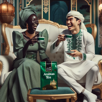 A lady and a man taking Arabian tea in Nothern Nigeria seated in a Cuzy parlor of white , gold and green upholstery but Very COZY white back and bold background showing affluent while laughing and sipping the tea with a packet of tea with the inscription Arabian tea. The ir clothes should also be unscripted Arabian tea very boldly written In Dark gree.