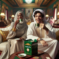 A lady and a man taking Arabian tea in Nothern Nigeria seated in a Cuzy parlor of white , gold and green upholstery but Very COZY white back and bold background showing affluent while laughing and sipping the tea with a packet of tea with the inscription Arabian tea. The ir clothes should also be unscripted Arabian tea very boldly written In Dark green, make the inscription Arabian tea bold and the picture very clear bright with loud and bold parlour background.