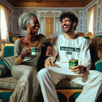 A fair lady and a fair man taking Arabian tea in Nothern Nigeria seated in a Cuzy parlor of white , gold and green upholstery but Very COZY white back and bold background showing affluent while laughing and sipping the tea with a packet of tea with the inscription Arabian tea. The ir clothes should also be unscripted Arabian tea very boldly written In Dark green, make the inscription Arabian tea bold and the picture very clear bright with loud and bold parlour background.