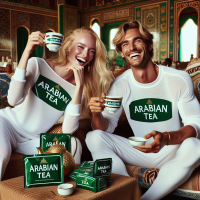A blonde lady and a fair man taking Arabian tea in Nothern Nigeria seated in a Cuzy parlor of white , gold and green upholstery but Very COZY white back and bold background showing affluent while laughing and sipping the tea with a packet of tea with the inscription Arabian tea. The ir clothes should also be unscripted Arabian tea very boldly written In Dark green, make the inscription Arabian tea bold and the picture very clear bright with loud and bold parlour background.