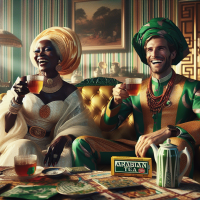 A blonde lady and a fair man taking Arabian tea in Nothern Nigeria seated in a Cuzy parlor of white , gold and green upholstery but Very COZY white back and bold background showing affluent while laughing and sipping the tea with a packet of tea with the inscription Arabian tea. The ir clothes should also be unscripted Arabian tea very boldly written In Dark green, make the inscription Arabian tea bold and the picture very clear bright with loud and bold parlour background, also showing the content of the transparent cup.