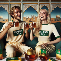 A blonde lady and a fair man taking Arabian tea in Nothern Nigeria seated in a Cuzy parlor of white , gold and green upholstery but Very COZY white back and bold background showing affluent while laughing and sipping the tea with a packet of tea with the inscription Arabian tea. The ir clothes should also be unscripted Arabian tea very boldly written In Dark green, make the inscription Arabian tea bold and the picture very clear bright with loud and bold parlour background, also showing the content of the transparent cup.