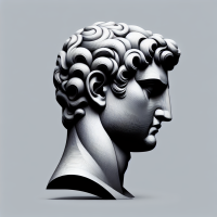 Create the head of stoic makes the color white and black, make the picture face semi sideways, make it realistic image and in sculpture design 