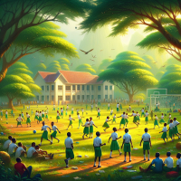 Create a school environment in Nigeria with pupils playing around the field during break time,  uniform should be white and green, others lemon shirt and green shorts, girls, should be be lemon colour gown, with green trees around make it realistic , cozy , sophisticated and bright background with dim birds in the sky