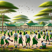 Create a school environment in Nigeria with pupils playing around the field during break time,  uniform should be white and green, others lemon shirt and green shorts, girls, should be be lemon colour gown, with green trees around make it realistic , cozy , sophisticated and bright background with dim birds in the sky