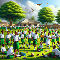 Create a school environment in Nigeria with pupils playing around the field during break time,  uniform should be white and green, others lemon shirt and green shorts, girls, should be be lemon colour gown, with green trees around make it realistic , cozy , sophisticated and bright background with  birds in the sky make it conspicuous 