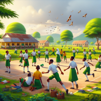 Create a school environment in Nigeria with pupils playing around the field during break time,  uniform should be white and green, others lemon shirt and green shorts, girls, should be be lemon colour gown, with green trees around make it realistic , cozy , sophisticated and bright background with  birds in the sky make it conspicuous 